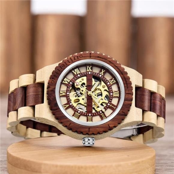 Men's Wooden Watch Skeleton Automatic Movement Wood Watch Self-Winding Watches - Picture 6 of 7